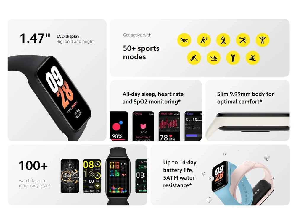 New Global Version Xiaomi Smart Band 8 Active1.47" LCD Display Bluetooth 5ATM Waterproof Heart Rate Monitor 50+ Sport Modes