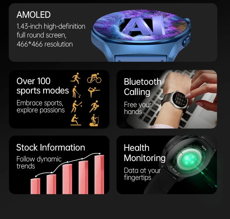 KUMI GW6 1.43" AMOLED screen Bluetooth call IP68 Waterproof NFC 100+ Sport Heart Rate Blood Pressure Oxygen Monitor smart watch