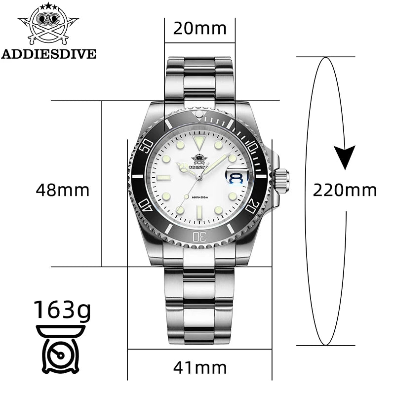 ADDIESDIVE New Quartz Watch 316L Stainless Steel Blue luminous 20Bar часы мужские наручные Waterproof reloj hombre Men Watches