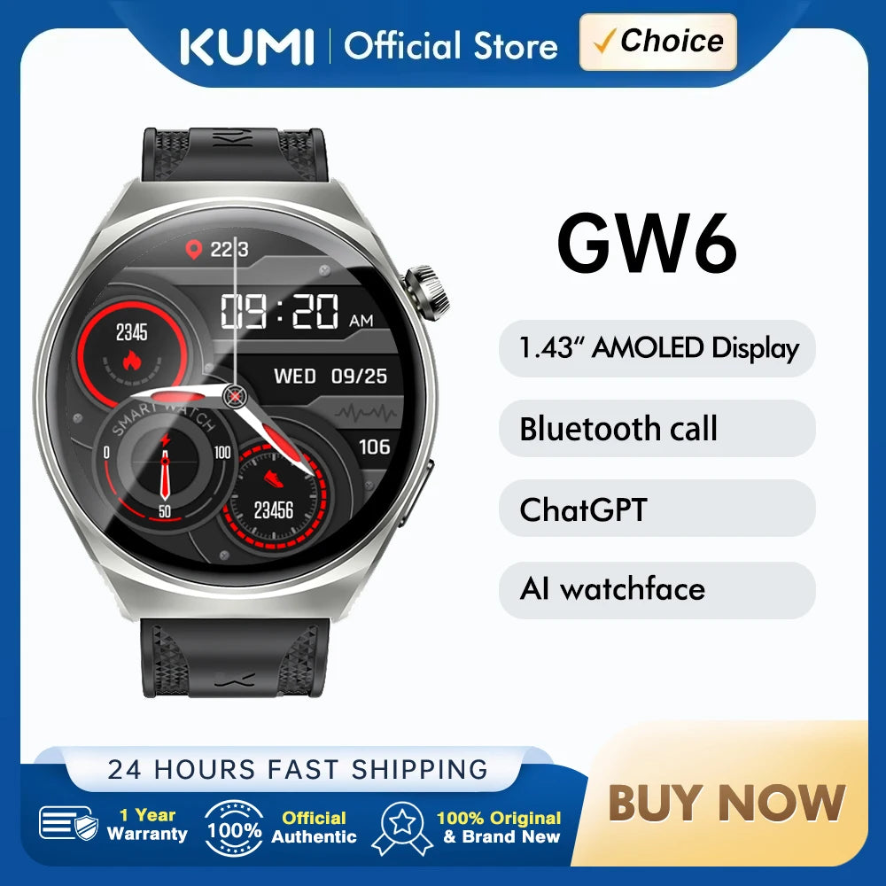 KUMI GW6 1.43" AMOLED screen Bluetooth call IP68 Waterproof NFC 100+ Sport Heart Rate Blood Pressure Oxygen Monitor smart watch