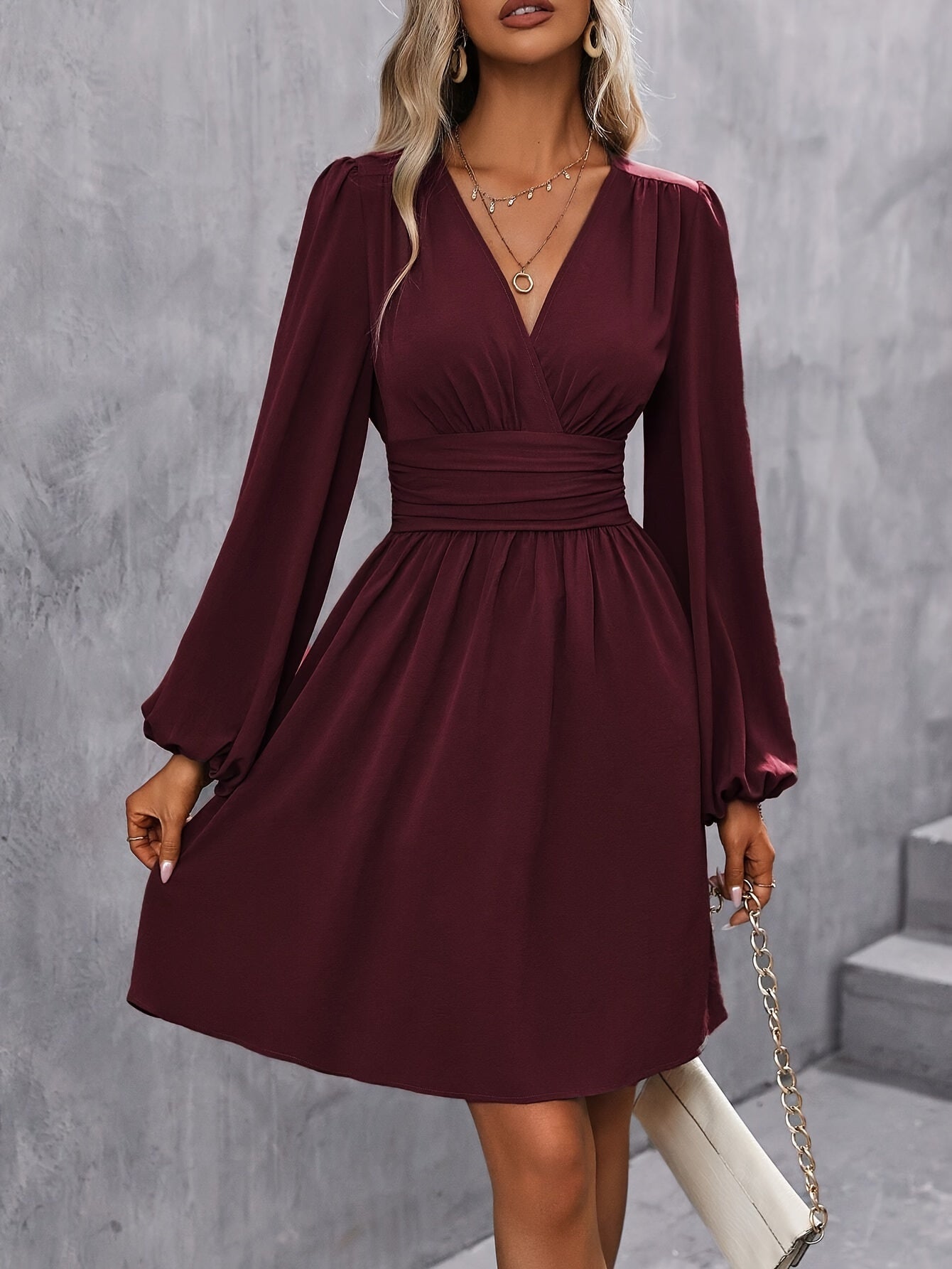 Elegant V-Neck Lantern Sleeve Midi Dress for Women - Solid Color, Knee-Length with Cinched Waist, Machine Washable