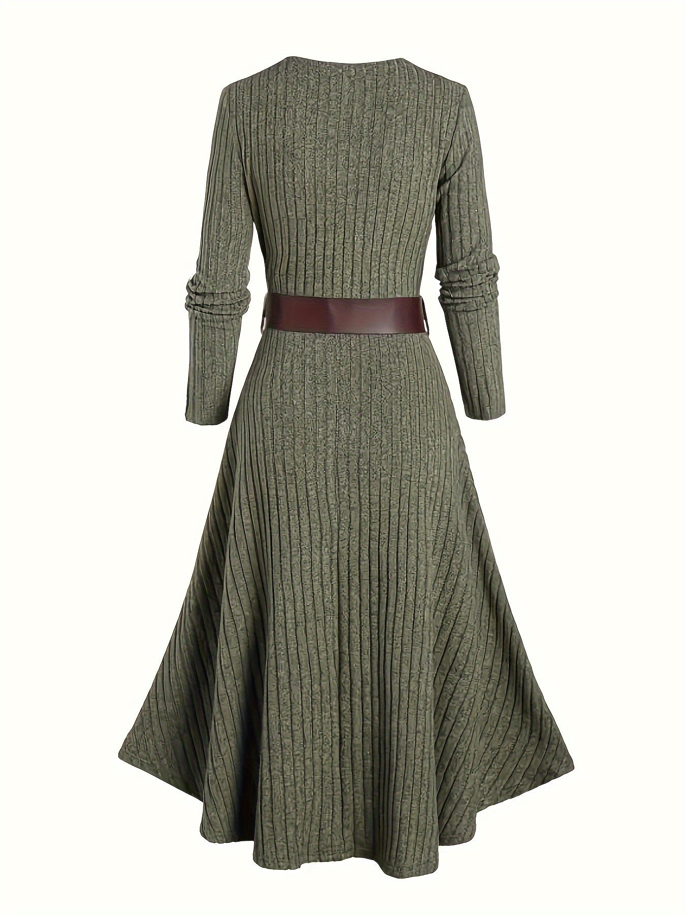 Women'S Ribbed Knit Dress with Belt, Long Sleeve V-Neck Solid Color Polyester A-Line Dress for Fall/Winter, 100% Polyester 200g/m² Fabric Weight