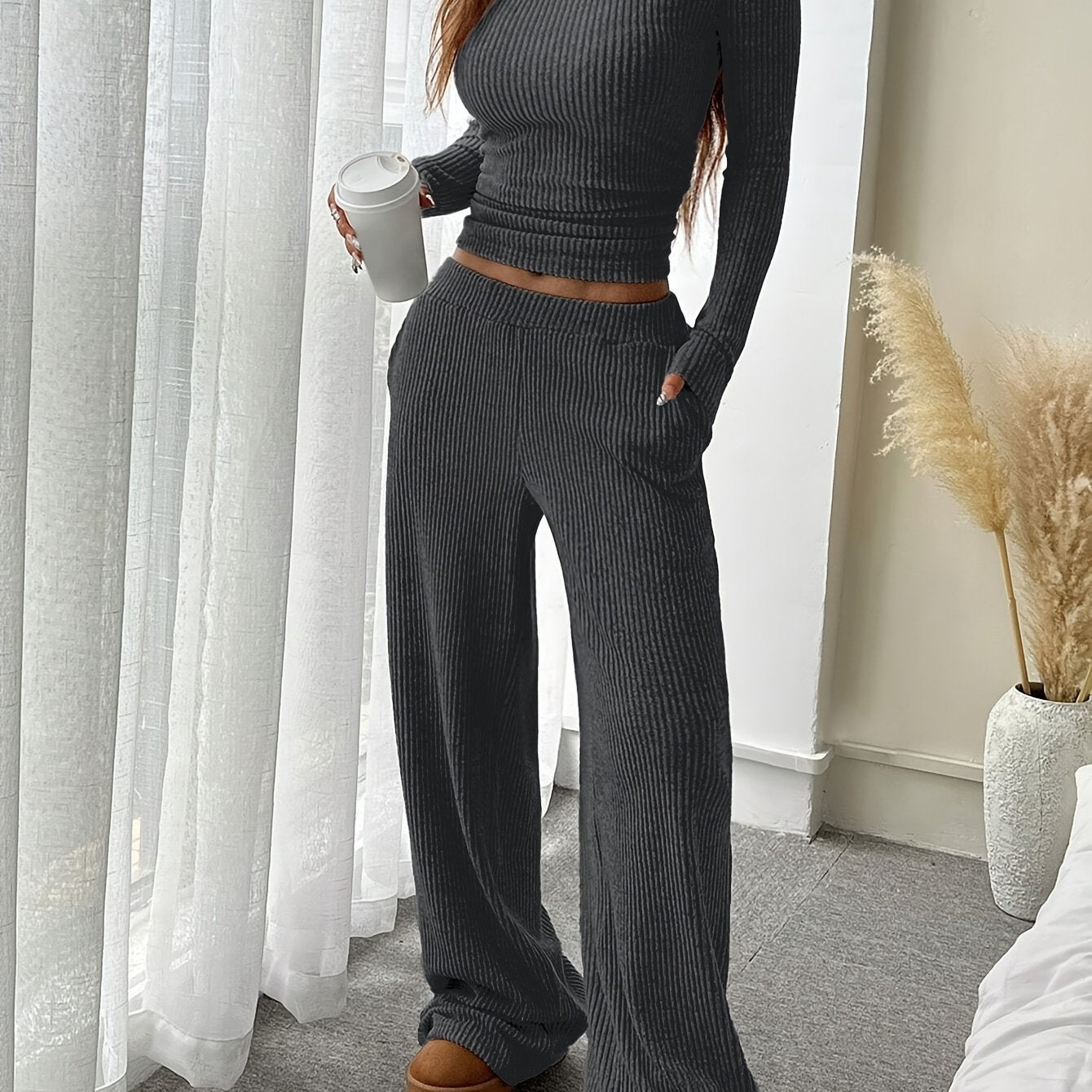 Women's Elegant Solid Color Ribbed Knit Two-Piece Set - Cozy Boat Neck Long Sleeve Crop Top & Wide-Leg Pants with Pockets, Polyester, Machine Washable - Perfect for Fall/Winter