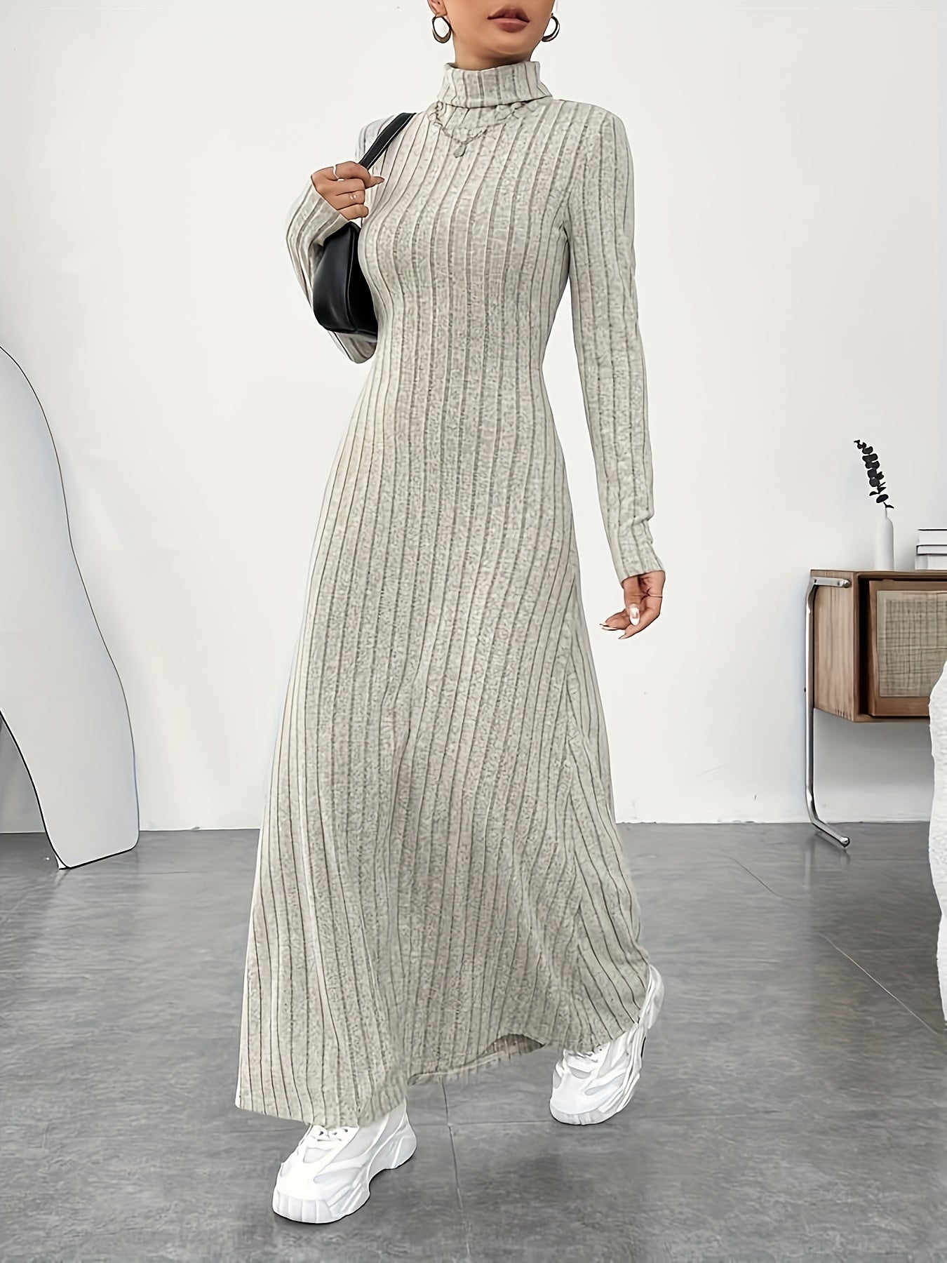 Soft Knit Turtle Neck Maxi Dress - Long Sleeve, Flared & Elegant - Perfect for Spring & Fall - Figure-Sculpting, Versatile Style - Womens Clothing for Trendy Ladies