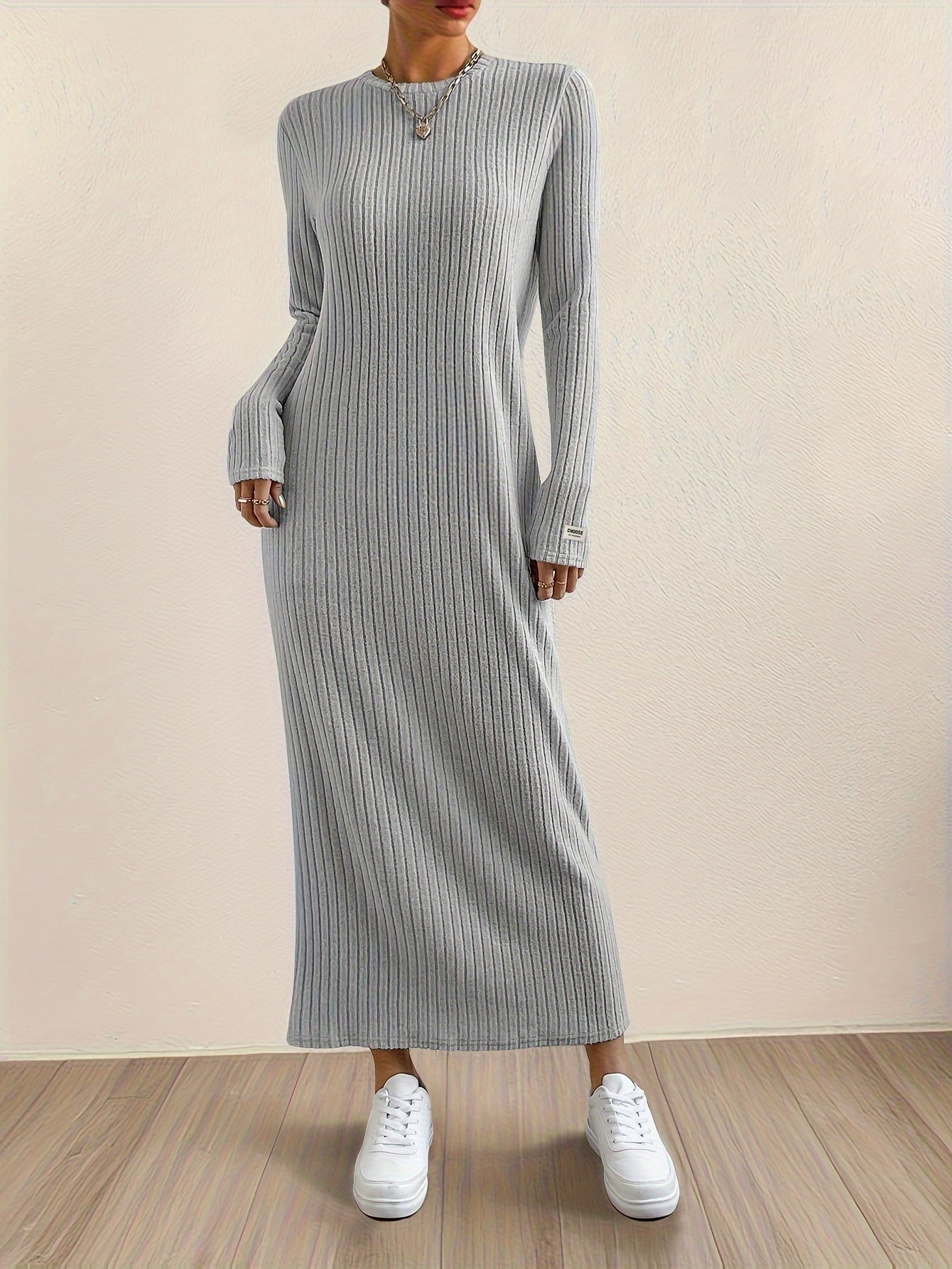 Women's Casual Long Sleeve Knit Dress - Crew Neck, Loose Fit, Solid Color Ribbed Maxi for Home & Out