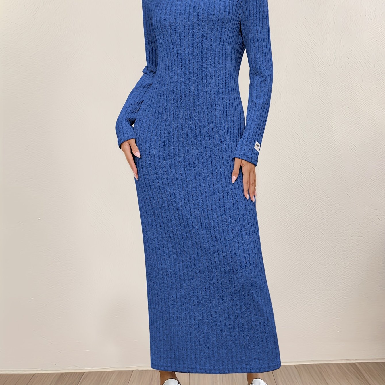 Women's Casual Long Sleeve Knit Dress - Crew Neck, Loose Fit, Solid Color Ribbed Maxi for Home & Out