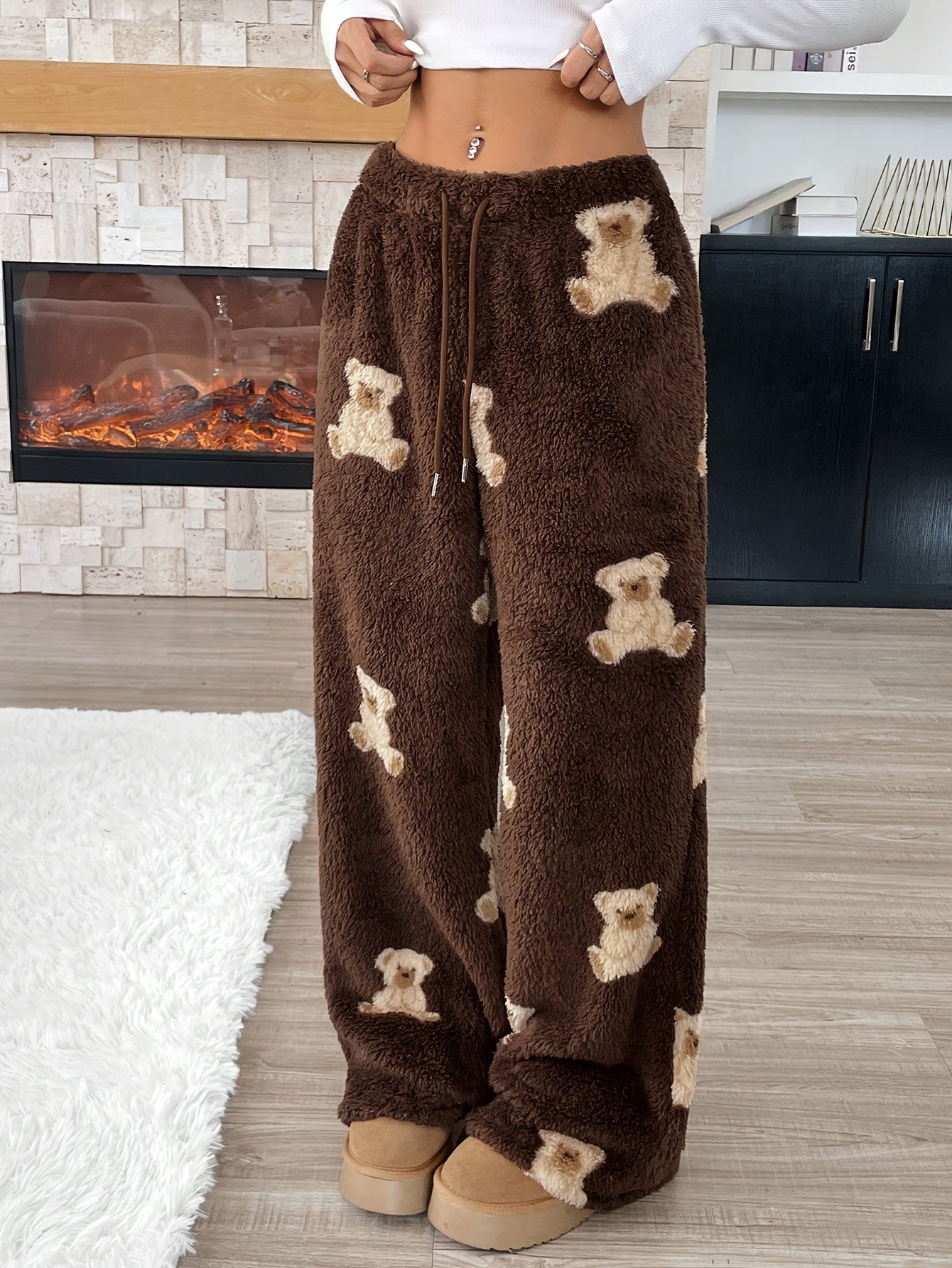 Casual Wear Cozy Animal Print Wide Leg Pants - Soft Polyester Knit, Drawstring Waist, Bear Pattern Loungewear for Fall/Winter - Perfect for Relaxation and Leisure Activities