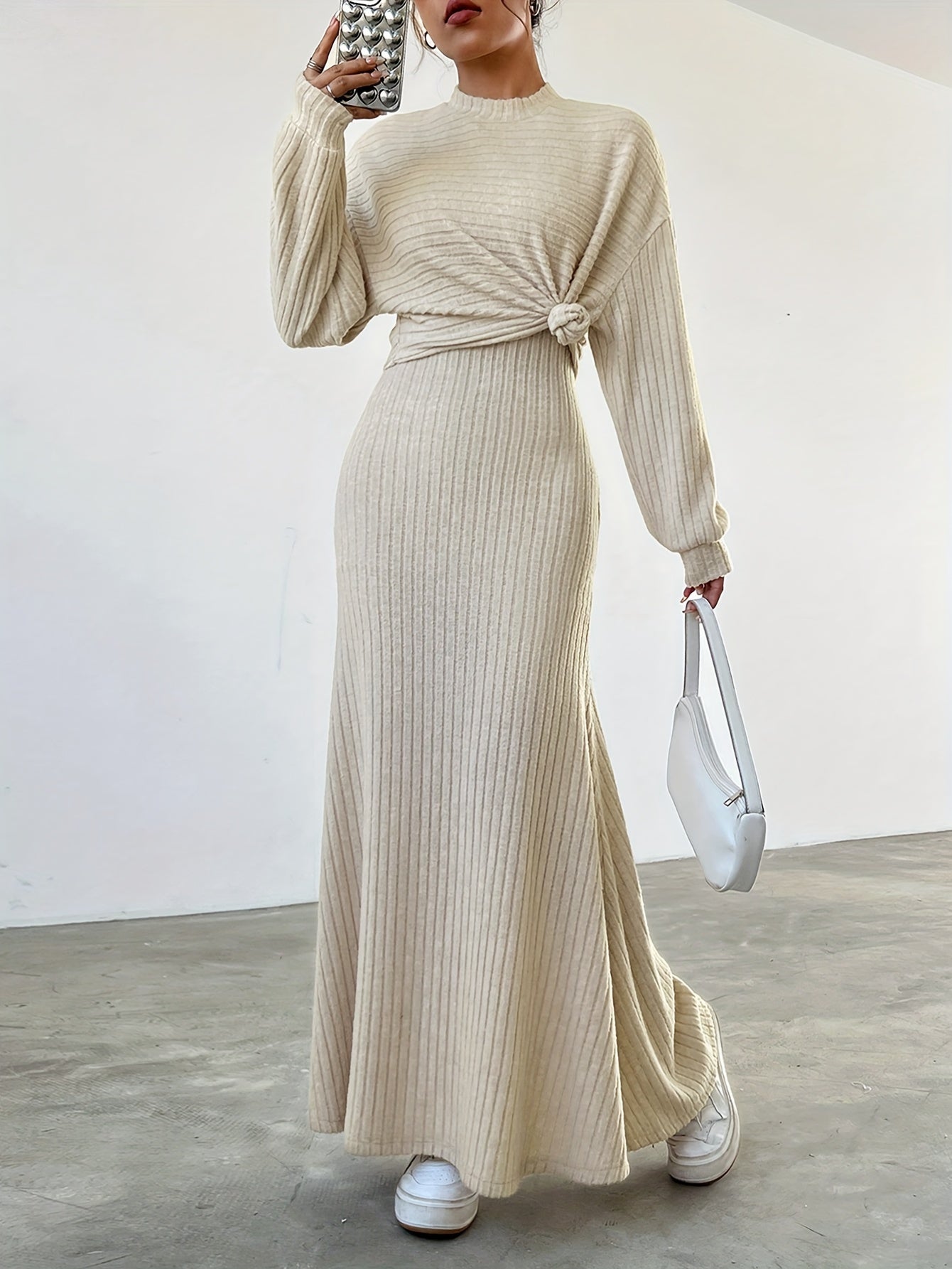 Elegant Solid Color Ribbed Dress Set, Crew Neck Long Sleeve Top & Maxi Tank Dress Outfits, Women's Clothing