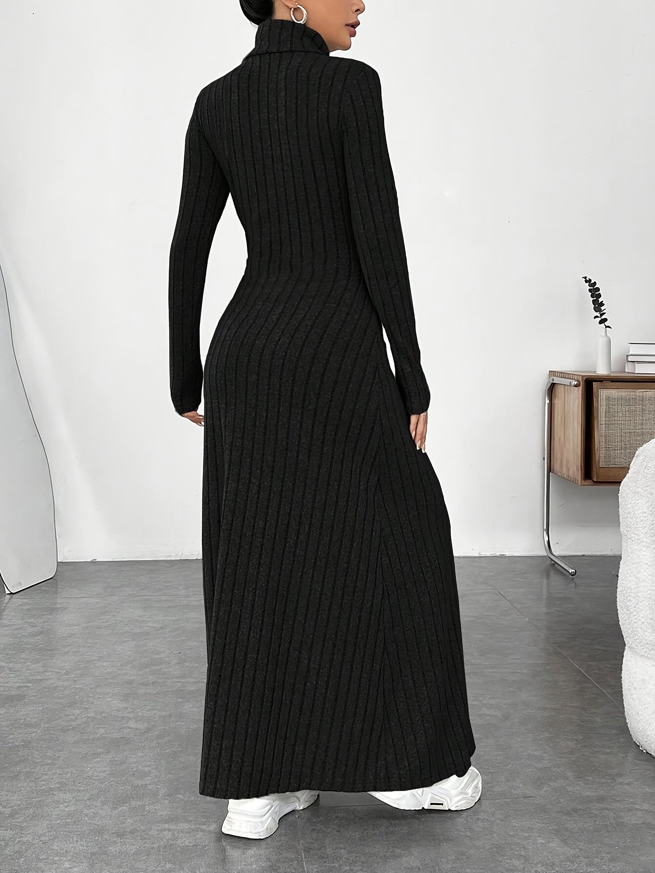 Soft Knit Turtle Neck Maxi Dress - Long Sleeve, Flared & Elegant - Perfect for Spring & Fall - Figure-Sculpting, Versatile Style - Womens Clothing for Trendy Ladies