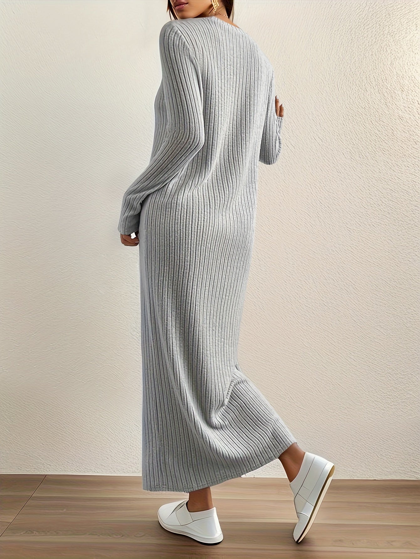 Women's Casual Long Sleeve Knit Dress - Crew Neck, Loose Fit, Solid Color Ribbed Maxi for Home & Out