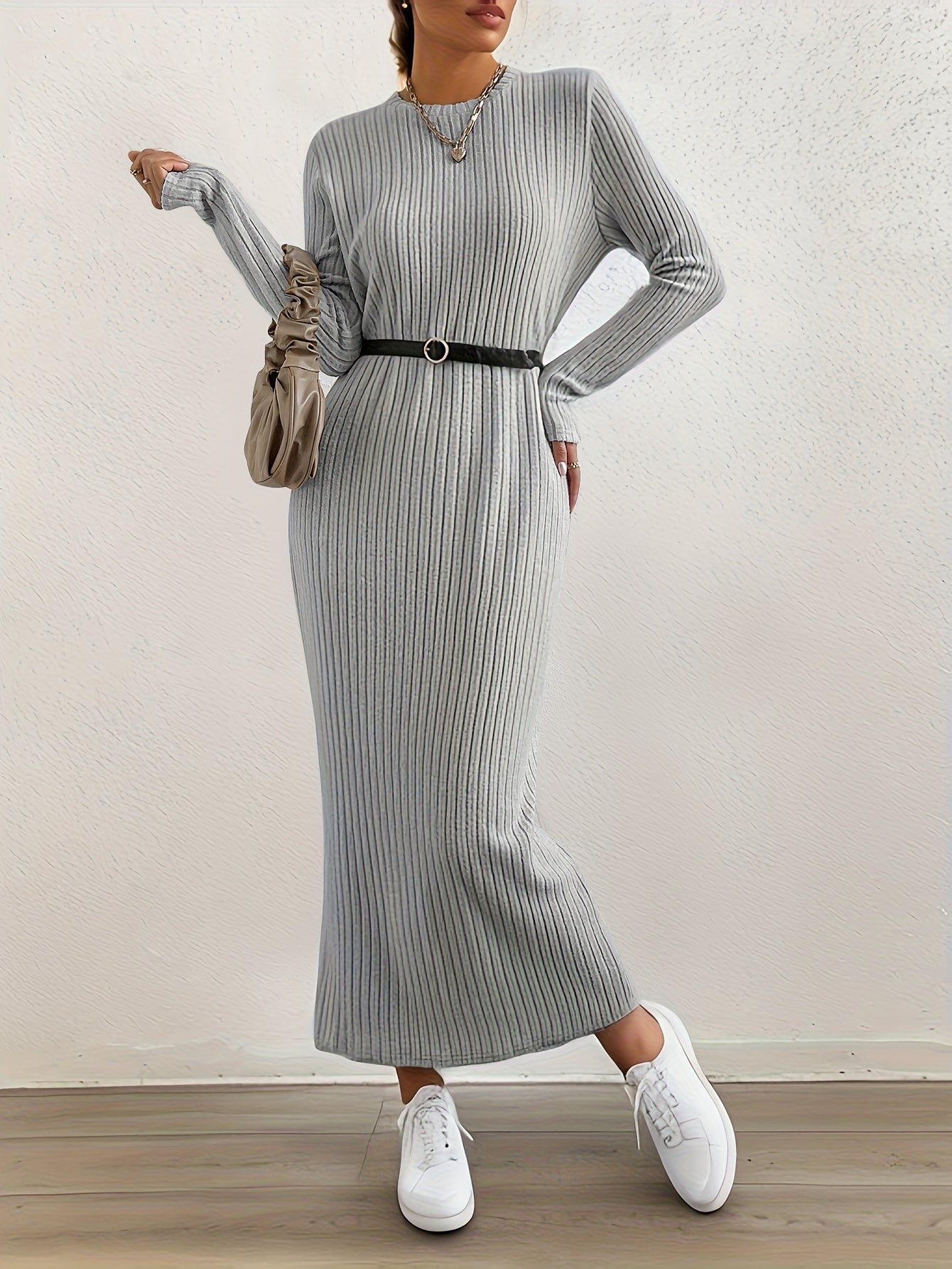 Women's Casual Long Sleeve Knit Dress - Crew Neck, Loose Fit, Solid Color Ribbed Maxi for Home & Out