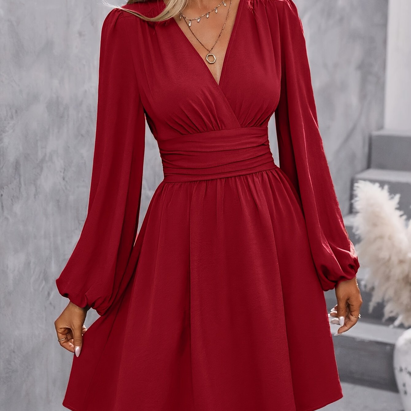 Elegant V-Neck Lantern Sleeve Midi Dress for Women - Solid Color, Knee-Length with Cinched Waist, Machine Washable