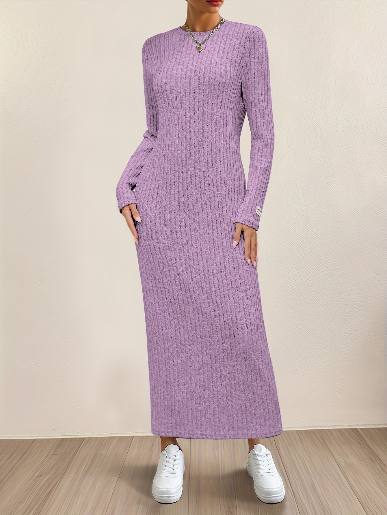 Women's Casual Long Sleeve Knit Dress - Crew Neck, Loose Fit, Solid Color Ribbed Maxi for Home & Out