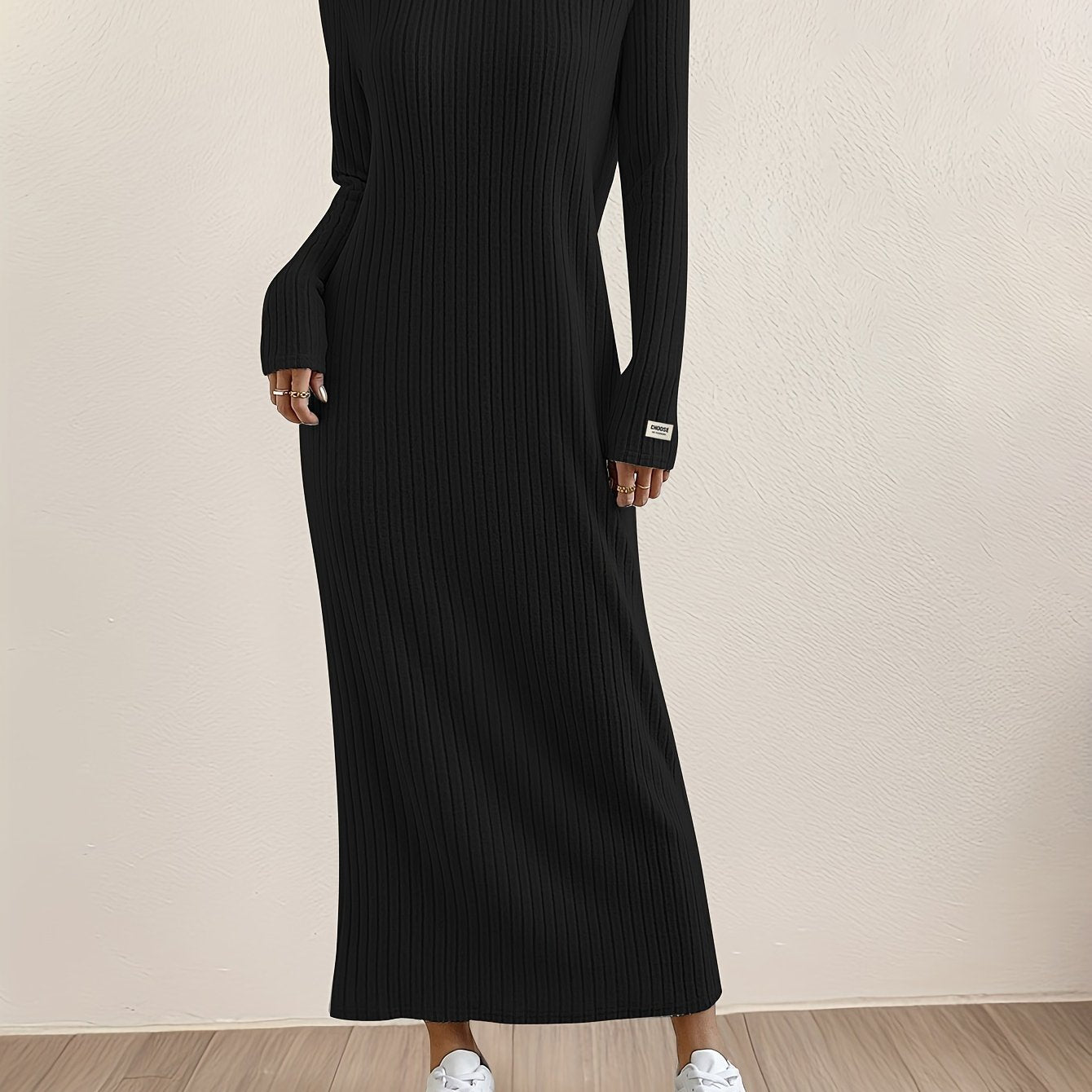 Women's Casual Long Sleeve Knit Dress - Crew Neck, Loose Fit, Solid Color Ribbed Maxi for Home & Out