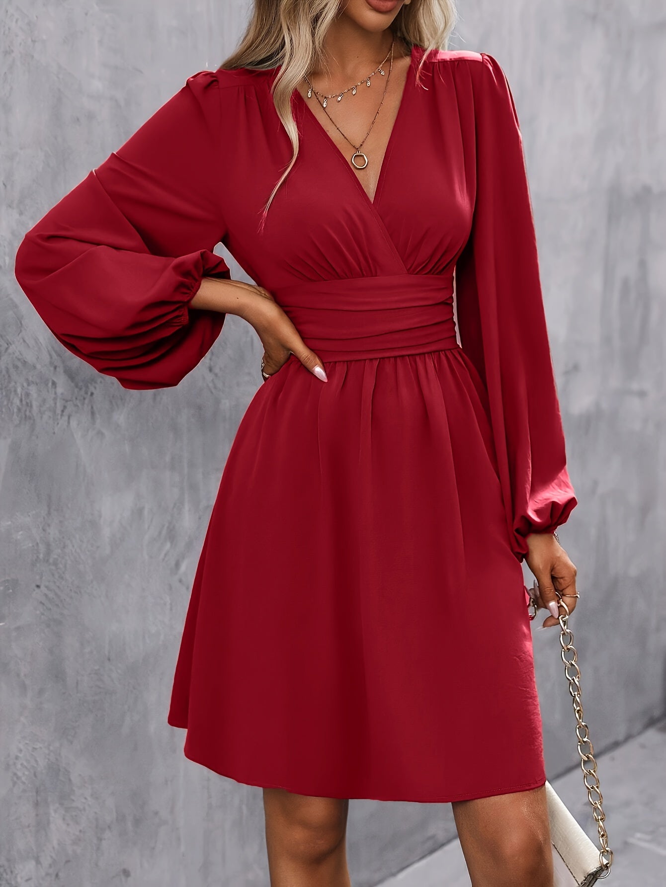 Elegant V-Neck Lantern Sleeve Midi Dress for Women - Solid Color, Knee-Length with Cinched Waist, Machine Washable