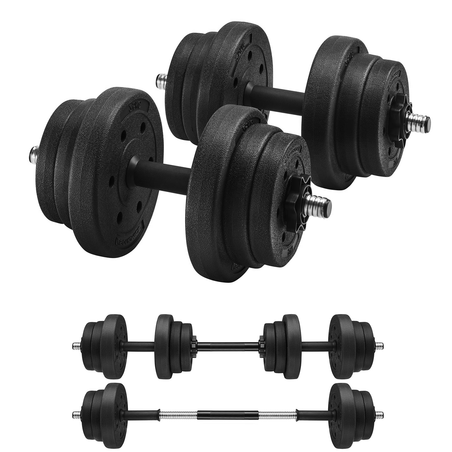 SONGMICS 2-in-1 Dumbbells Set, 2 x 10 kg Adjustable Dumbbells with Extra Barbell Bar, Plastic-Coated Weight Plates, Fitness Exercise, Home Gym