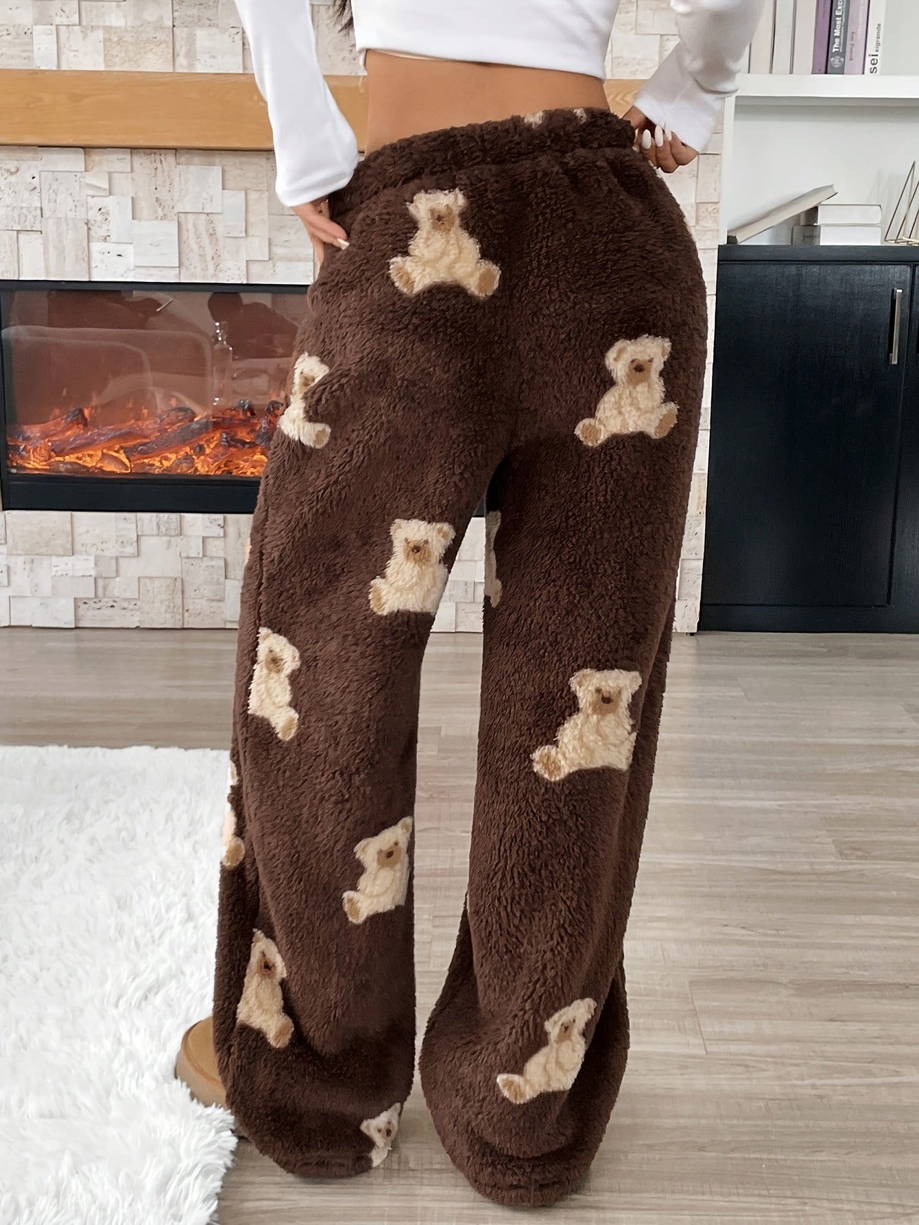 Casual Wear Cozy Animal Print Wide Leg Pants - Soft Polyester Knit, Drawstring Waist, Bear Pattern Loungewear for Fall/Winter - Perfect for Relaxation and Leisure Activities