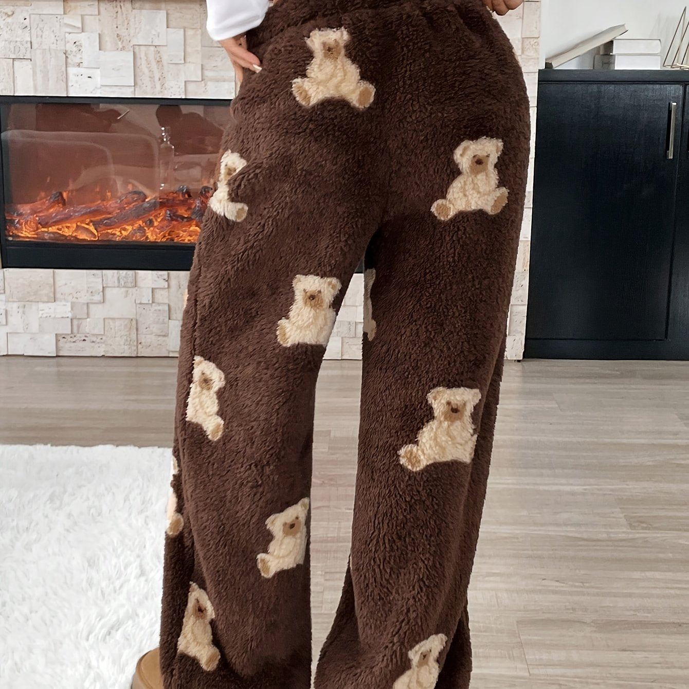 Casual Wear Cozy Animal Print Wide Leg Pants - Soft Polyester Knit, Drawstring Waist, Bear Pattern Loungewear for Fall/Winter - Perfect for Relaxation and Leisure Activities