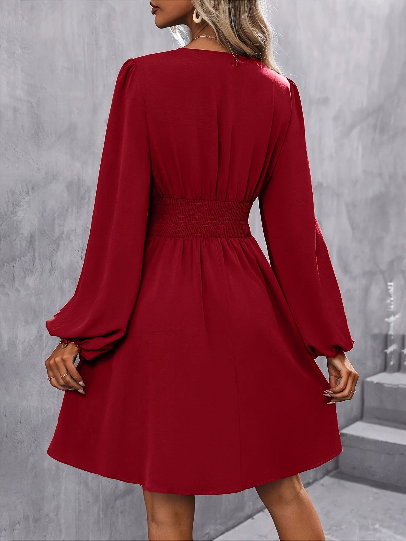 Elegant V-Neck Lantern Sleeve Midi Dress for Women - Solid Color, Knee-Length with Cinched Waist, Machine Washable